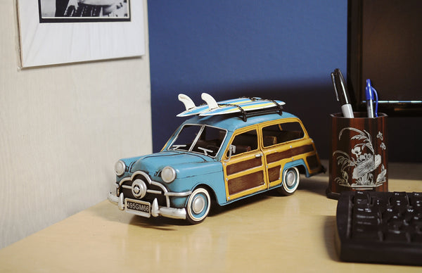 1949 Blue Ford Wagon Car with Two Surfboards