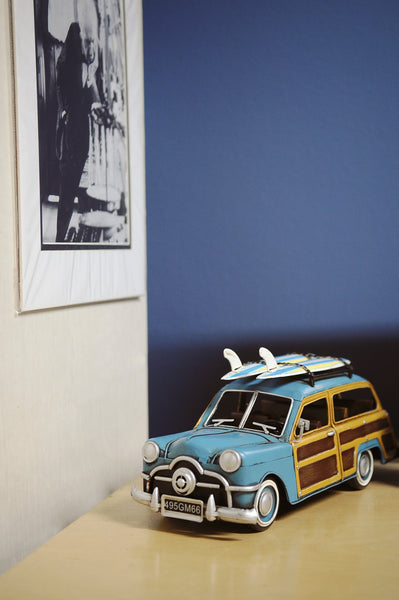 1949 Blue Ford Wagon Car with Two Surfboards