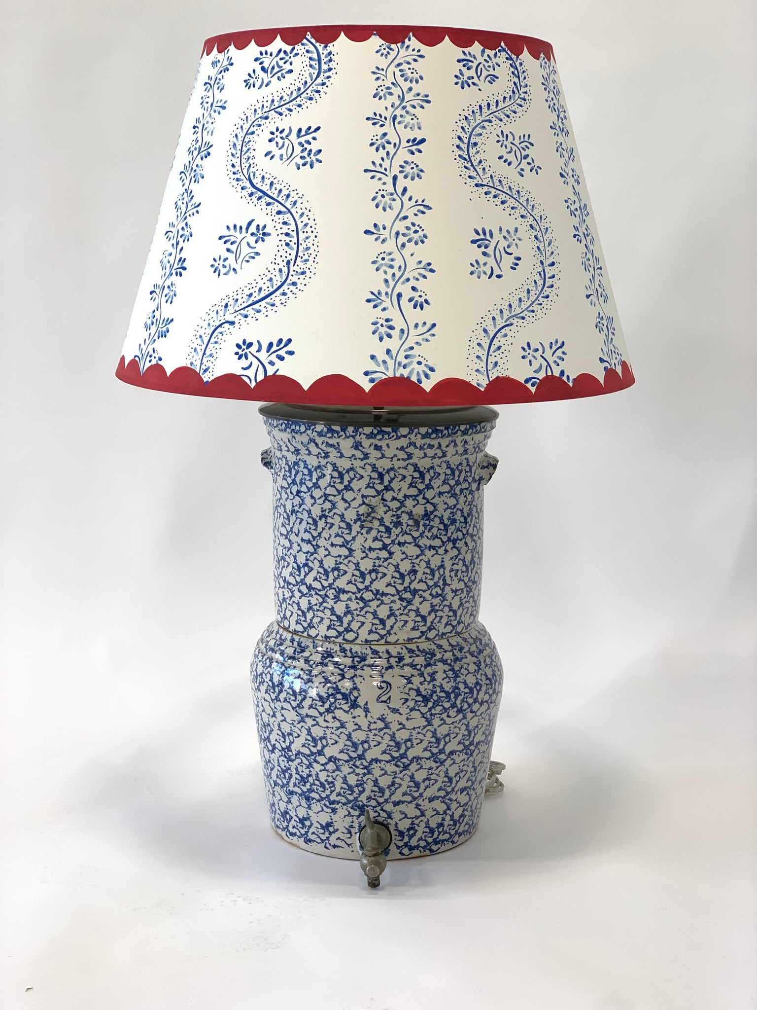 Spatterware water cooler lamp with hand-painted paper lampshade