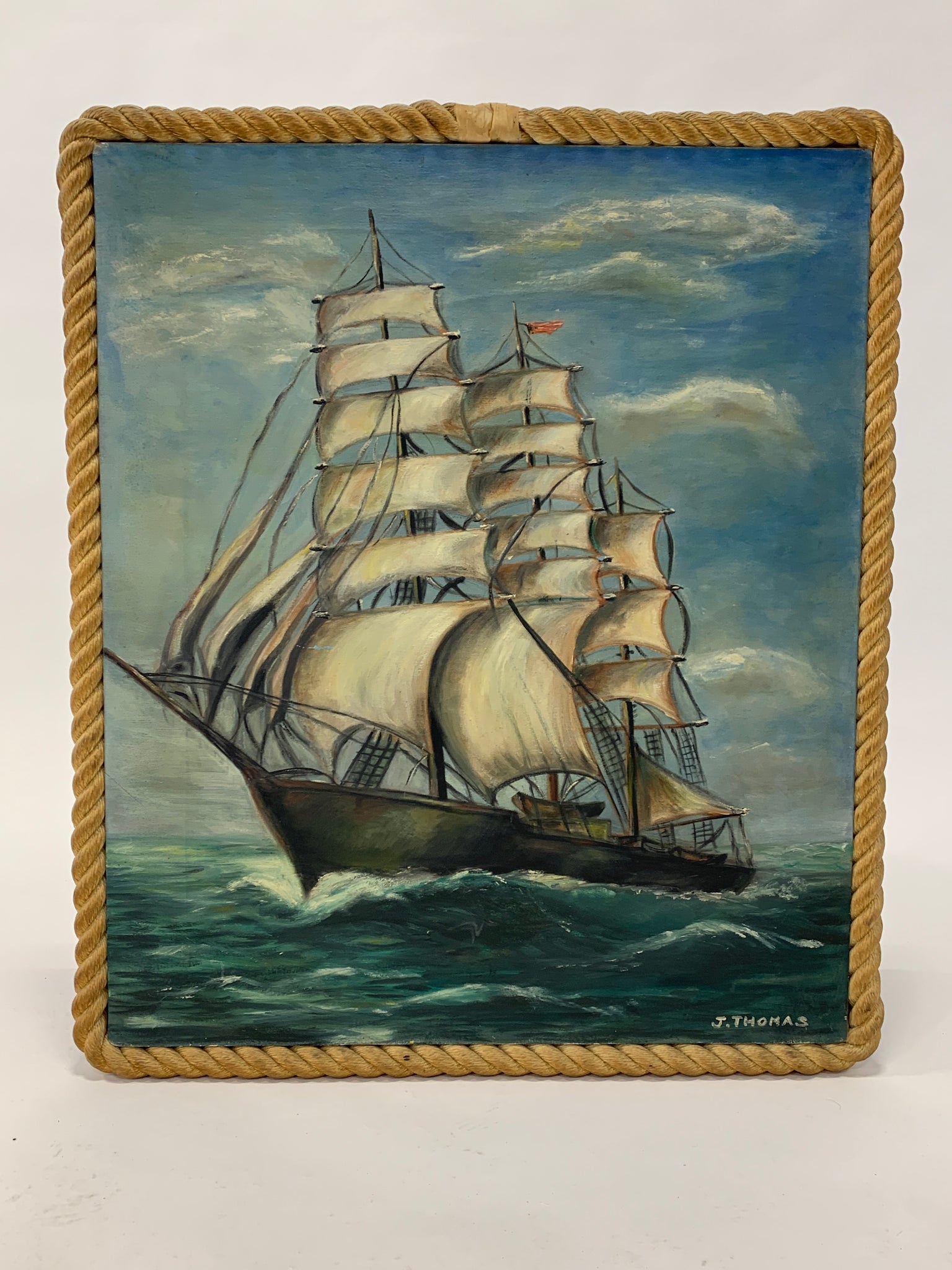 Clipper Ship Oil Painting w/ Rope Frame