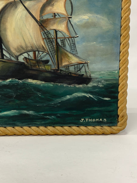 Clipper Ship Oil Painting w/ Rope Frame