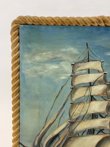 Clipper Ship Oil Painting w/ Rope Frame