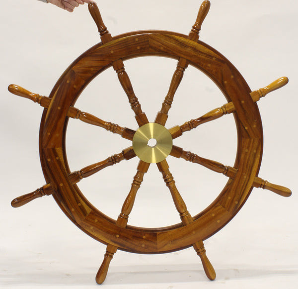 Vintage Mahogany Ships Wheel w/ truned brass hub