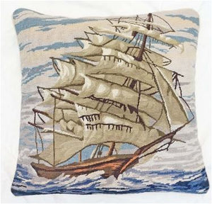 Clipper Ship Needlepoint Throw Pillow, 18" x 18"