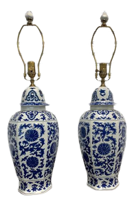 Pair of Stunning Blue & White Porcelain Ginger Jar Lamps