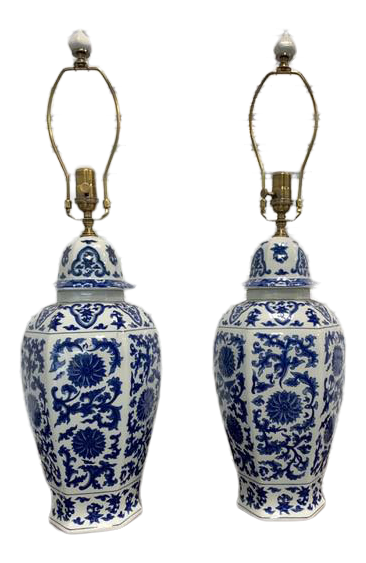 Pair of Stunning Blue & White Porcelain Ginger Jar Lamps