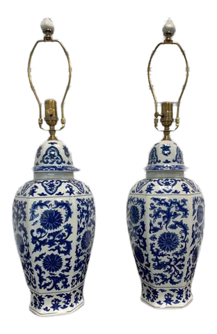 Pair of Stunning Blue & White Porcelain Ginger Jar Lamps